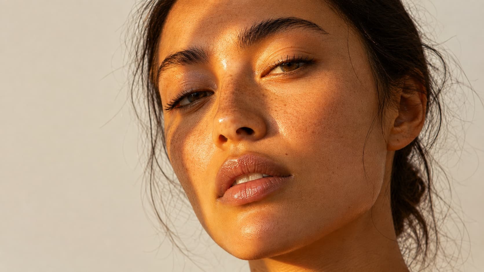 An extreme close-up of a woman's face in golden, low sunlight, looking toward the camera