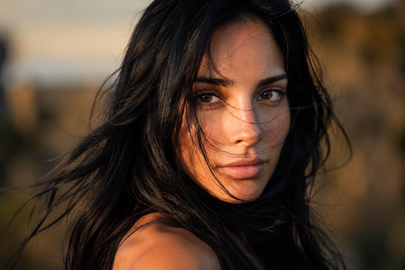 A close-up portrait of a woman with dark hair blowing across her face in warm evening light