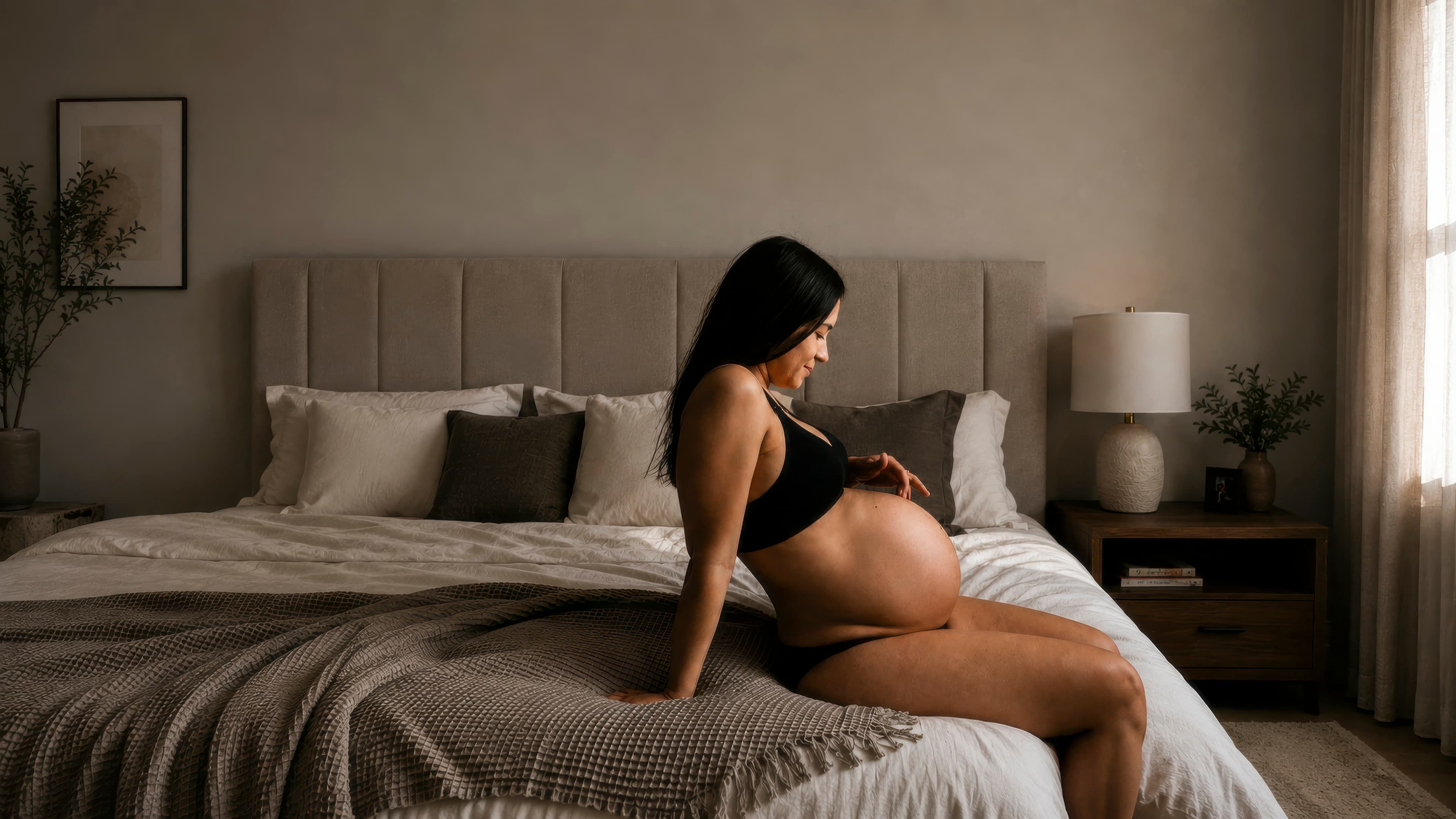 A pregnant woman kneeling on a bed at night, one hand resting on her belly, in warm lamplight