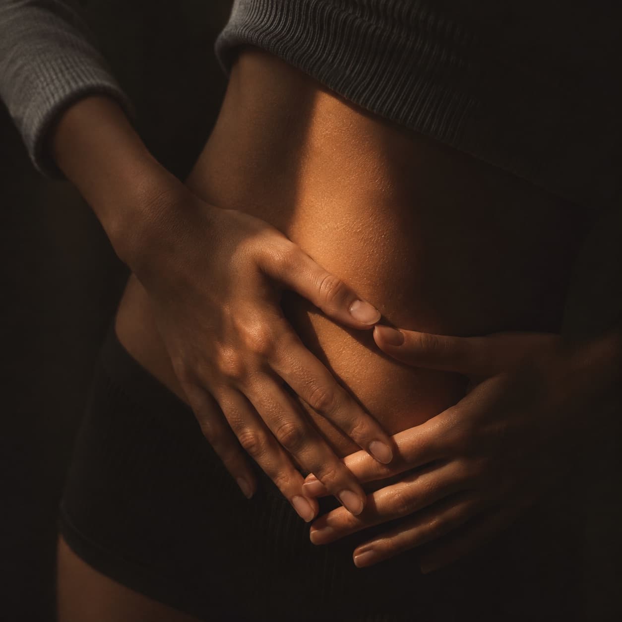 Two hands resting crossed over a bare torso, in warm low light