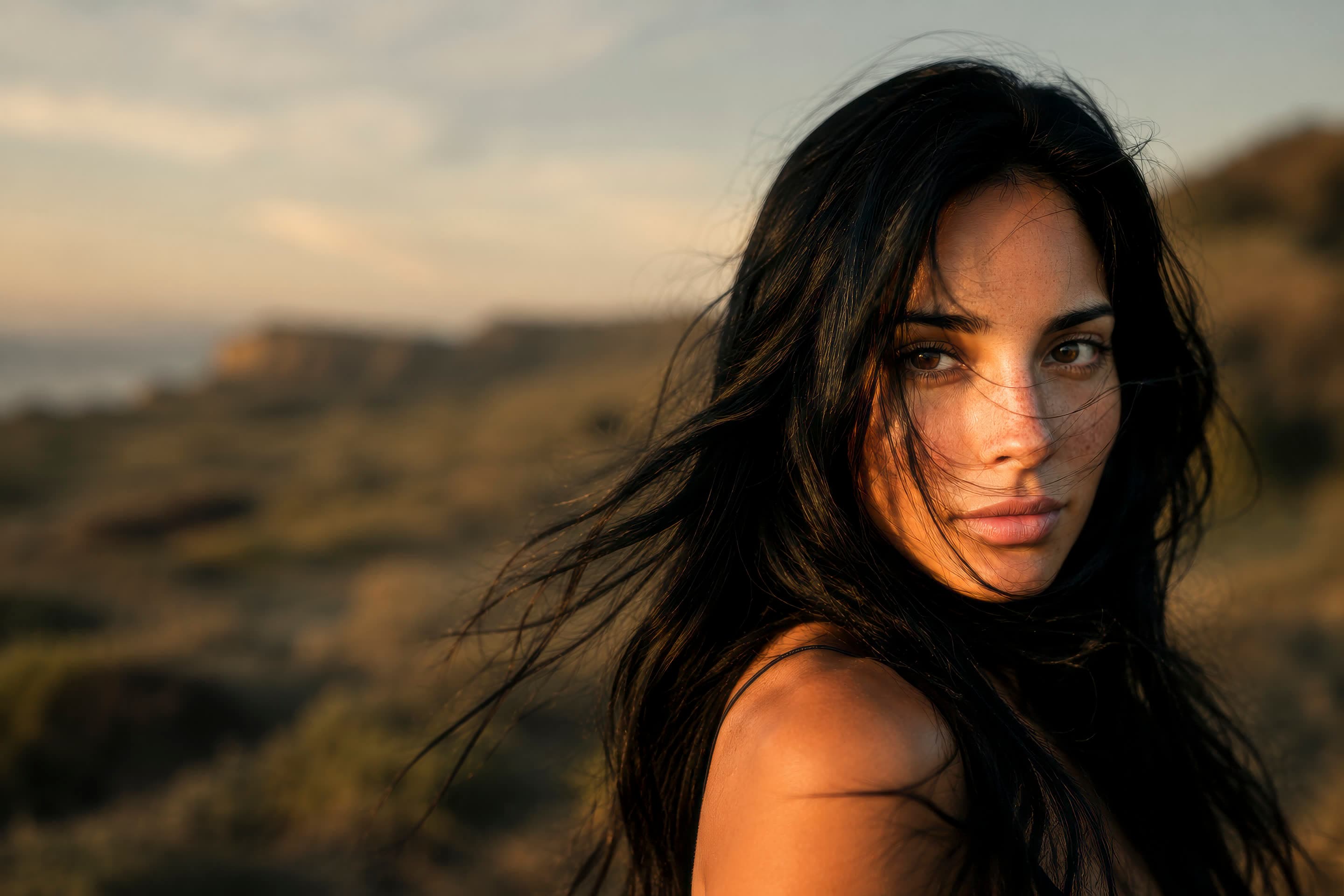 A woman with long dark hair blowing in the wind at golden hour, looking back over her shoulder toward the camera