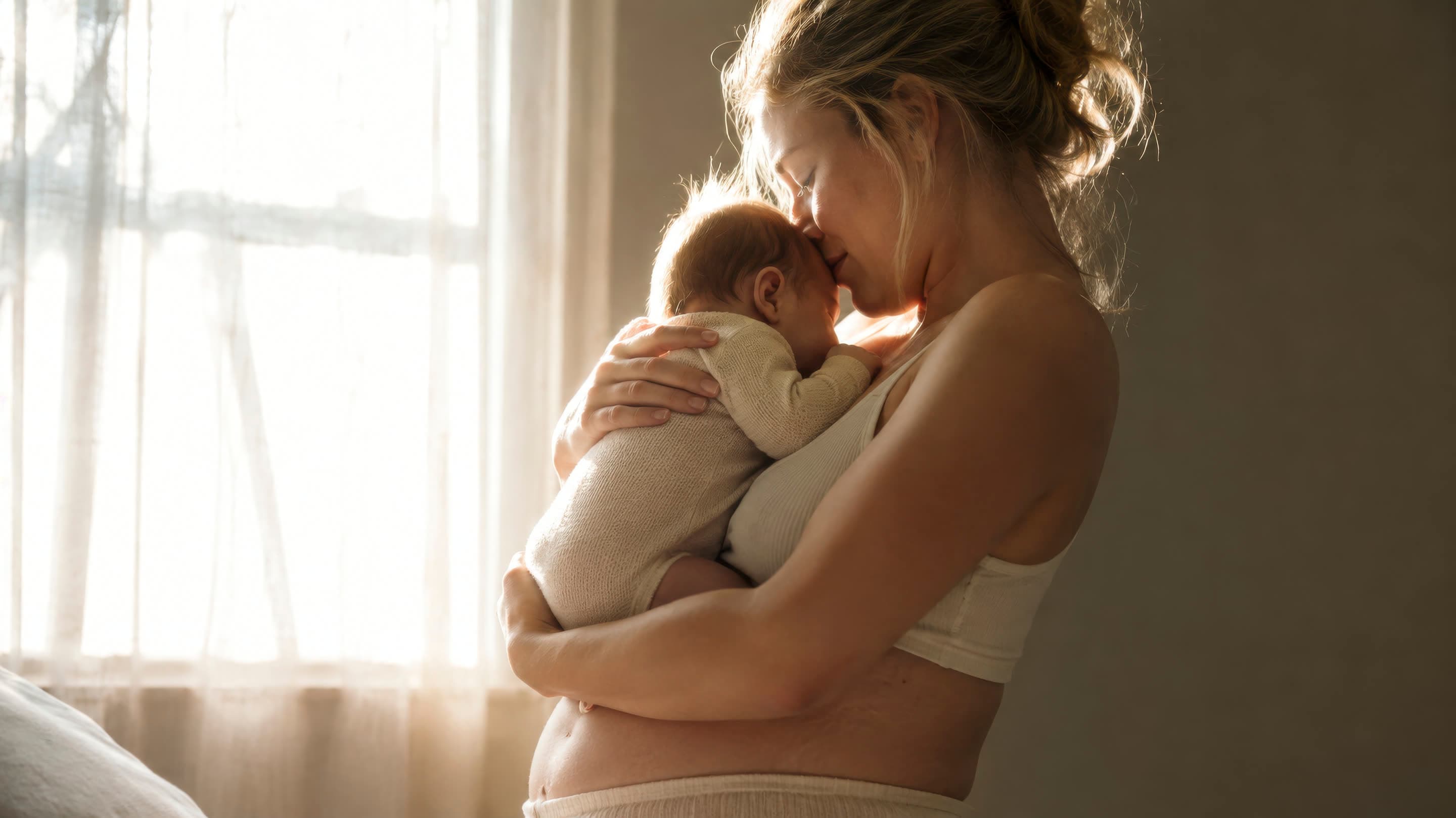 A mother cradling her newborn against her bare chest in front of a sunlit, sheer-curtained window