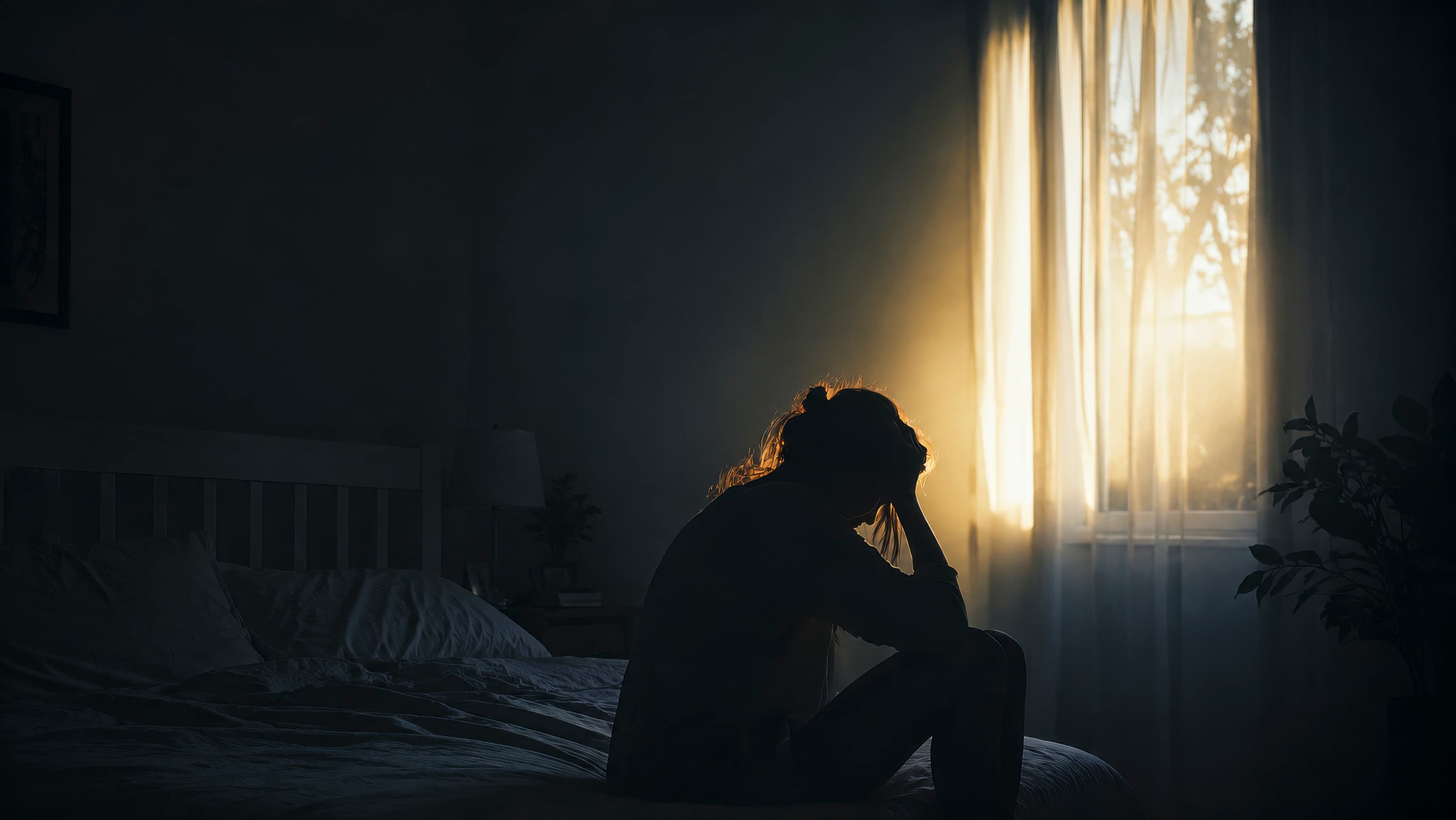 A woman sitting on a bed with her head in her hands, backlit by a window at dusk
