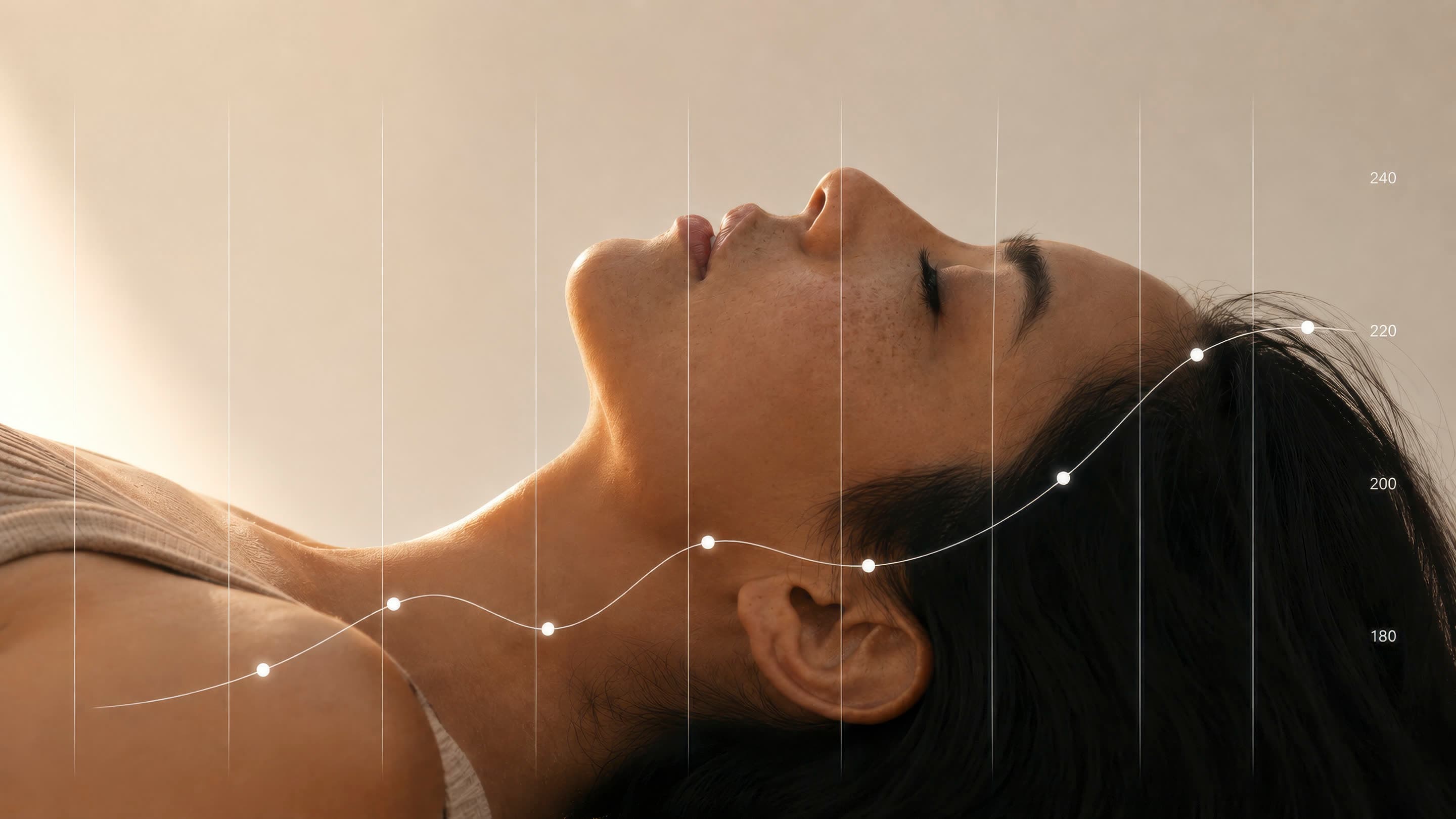 A woman lying with her head tipped back and eyes closed in warm light, a rising line chart drawn across the photograph
