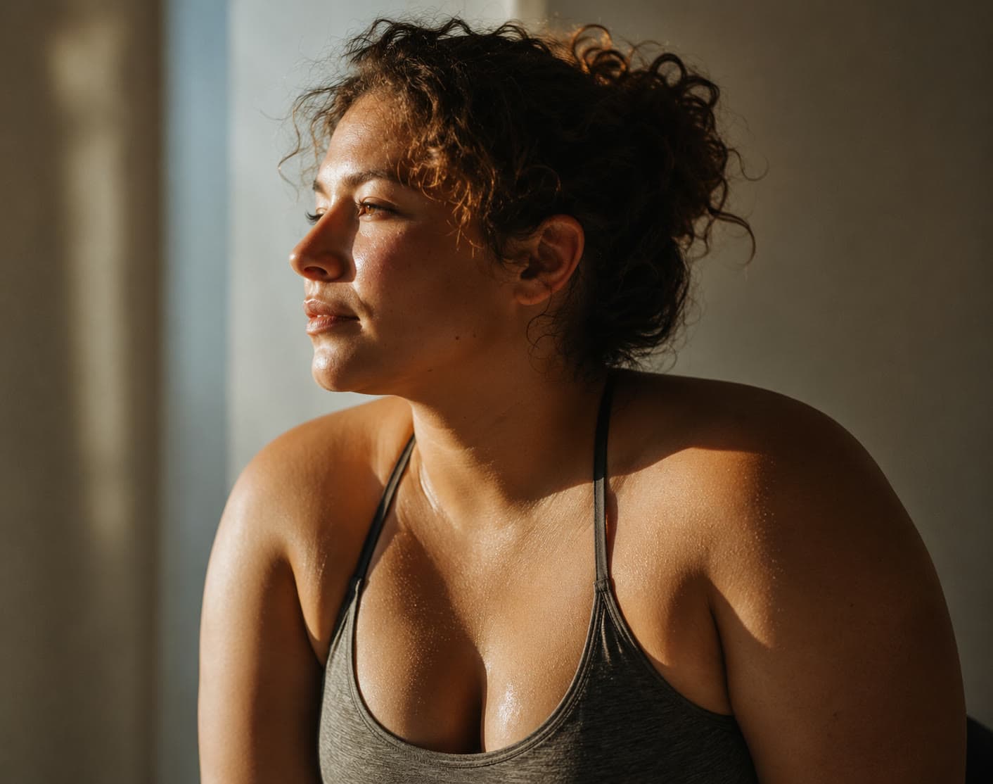 A woman with curly hair in a sports bra, looking to the side